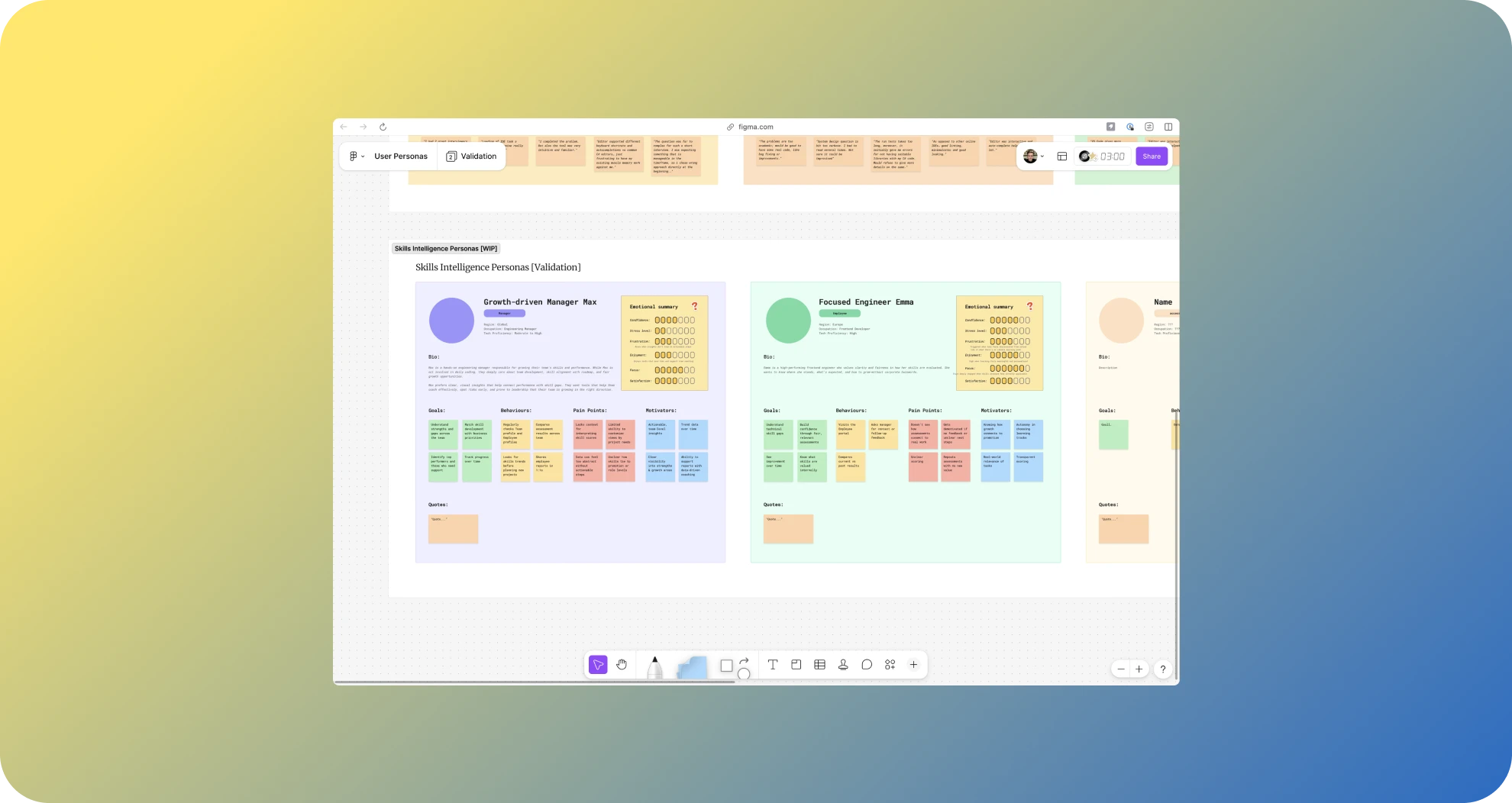 FigJam board with Skills Intelligence persona validation, including manager and engineer personas