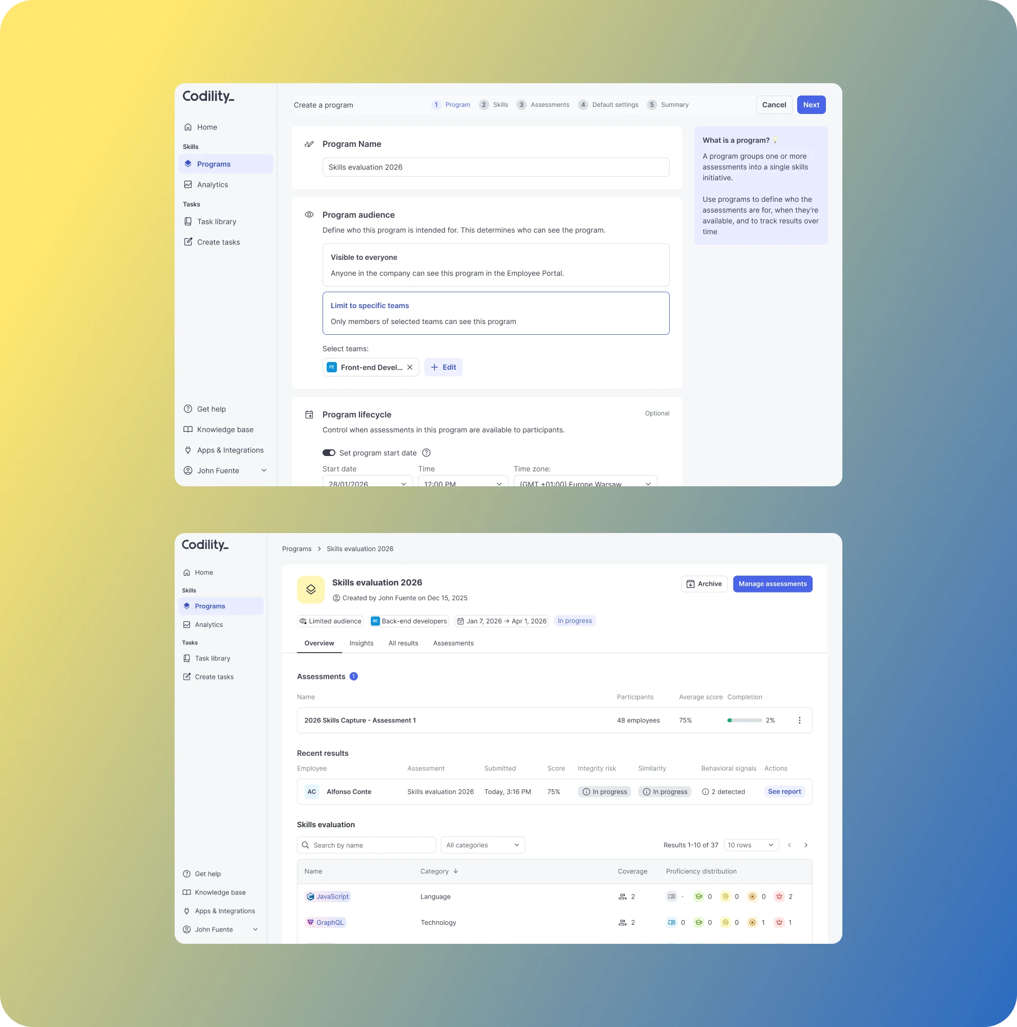 Program wizard with audience and lifecycle settings, and a program overview with assessments, recent results, and skills evaluation